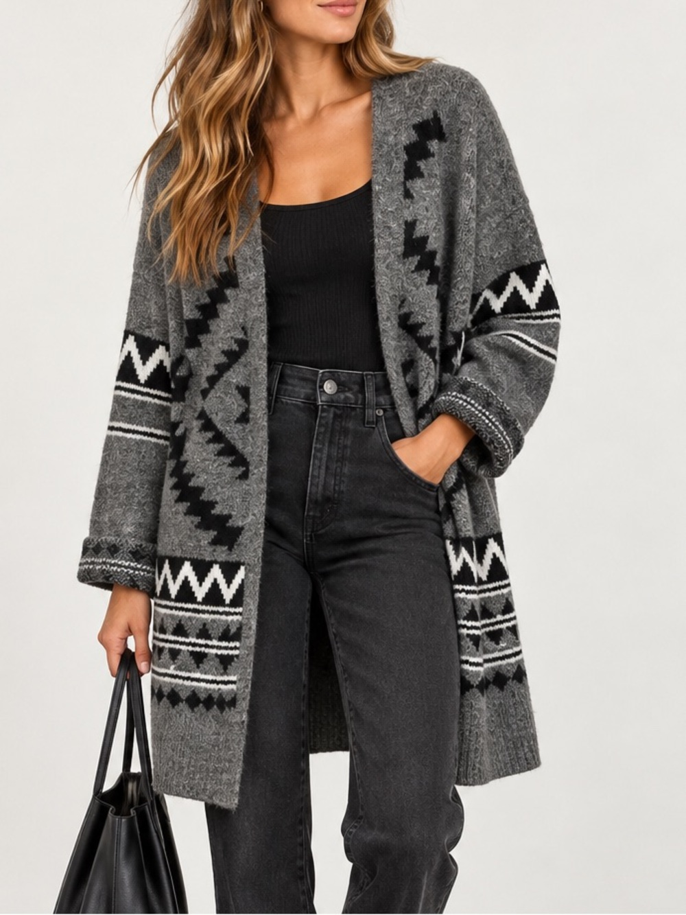Tahari Duster Cardigan Sweater Aztec Print Charcoal Black Longline Medium